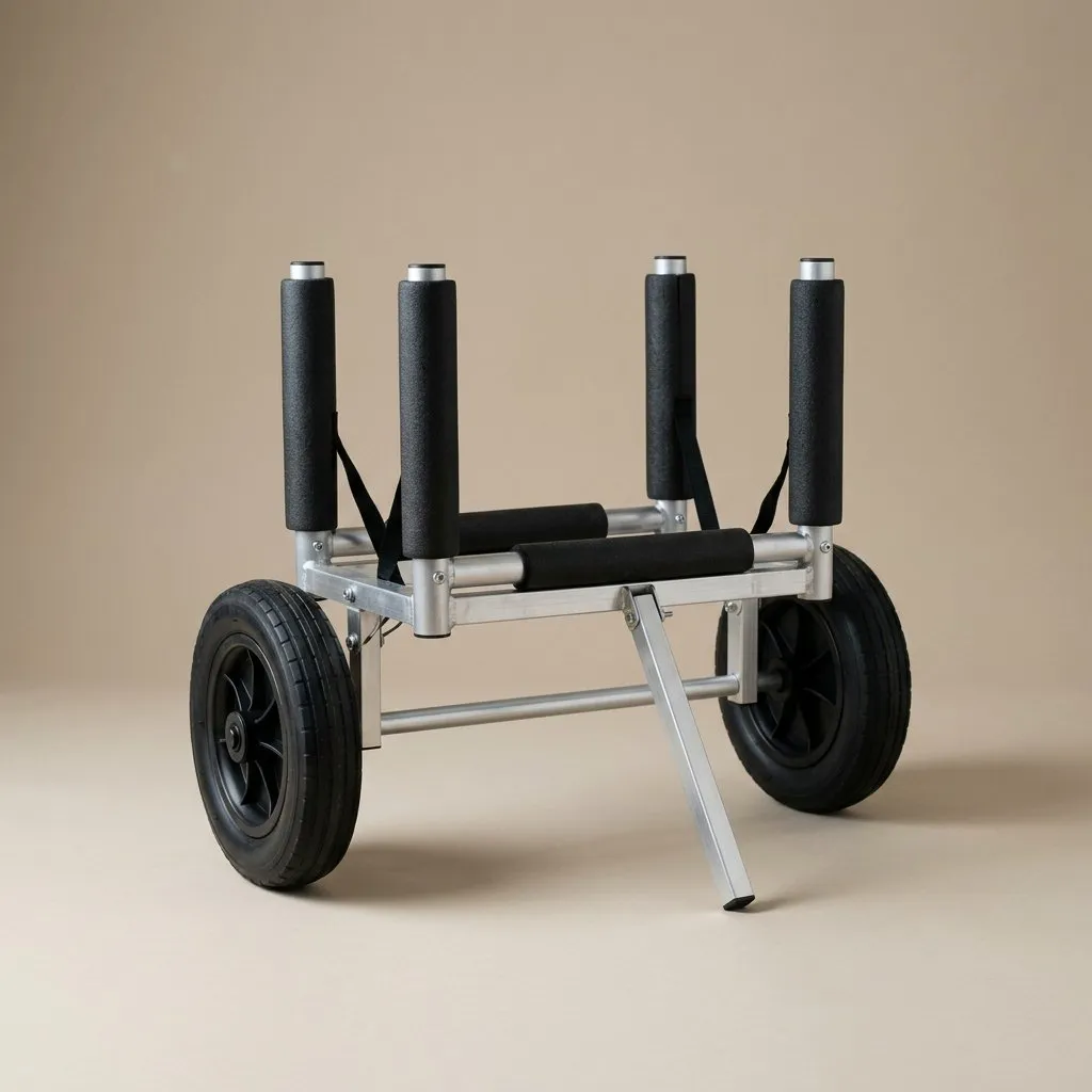 Aluminium kayak cart with four foam-sleeved upright posts, straps and pneumatic tyres. Illustration, not a photograph of the product.
