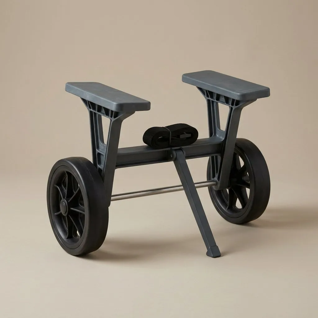 Two-wheeled moulded plastic kayak trolley with flat pads, a folding kickstand and a coiled strap. Illustration, not a photograph of the product.