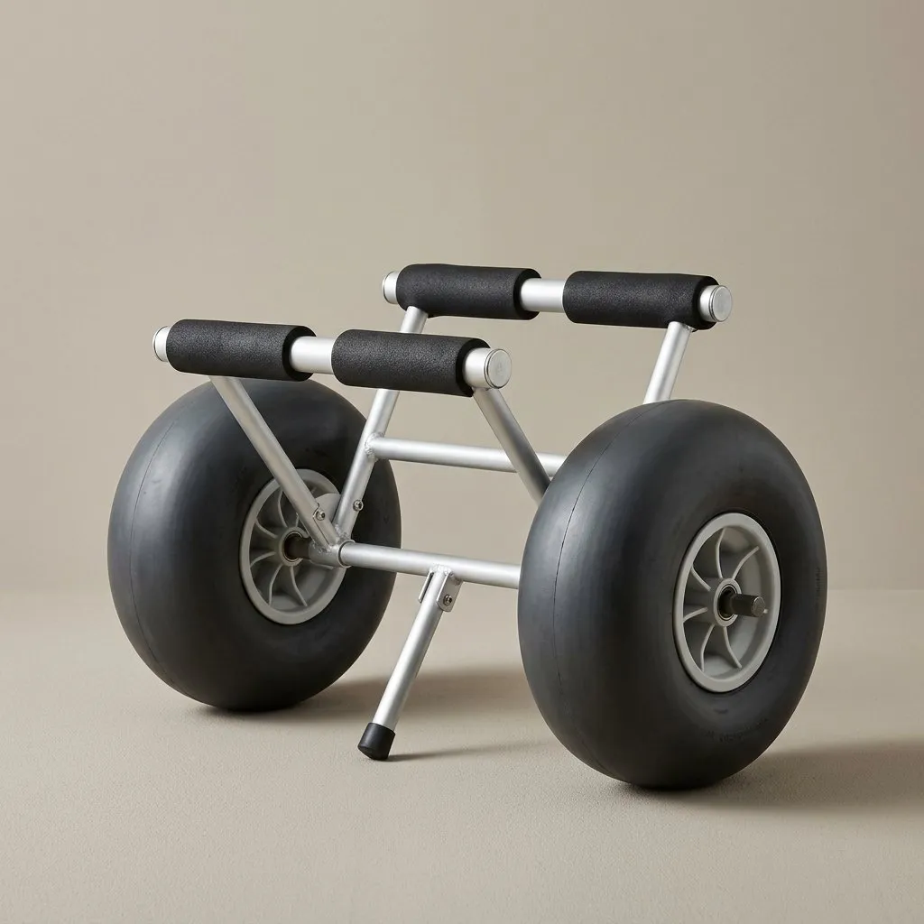 Aluminium beach cart with two very wide low-pressure balloon tyres and padded cross members. Illustration, not a photograph of the product.
