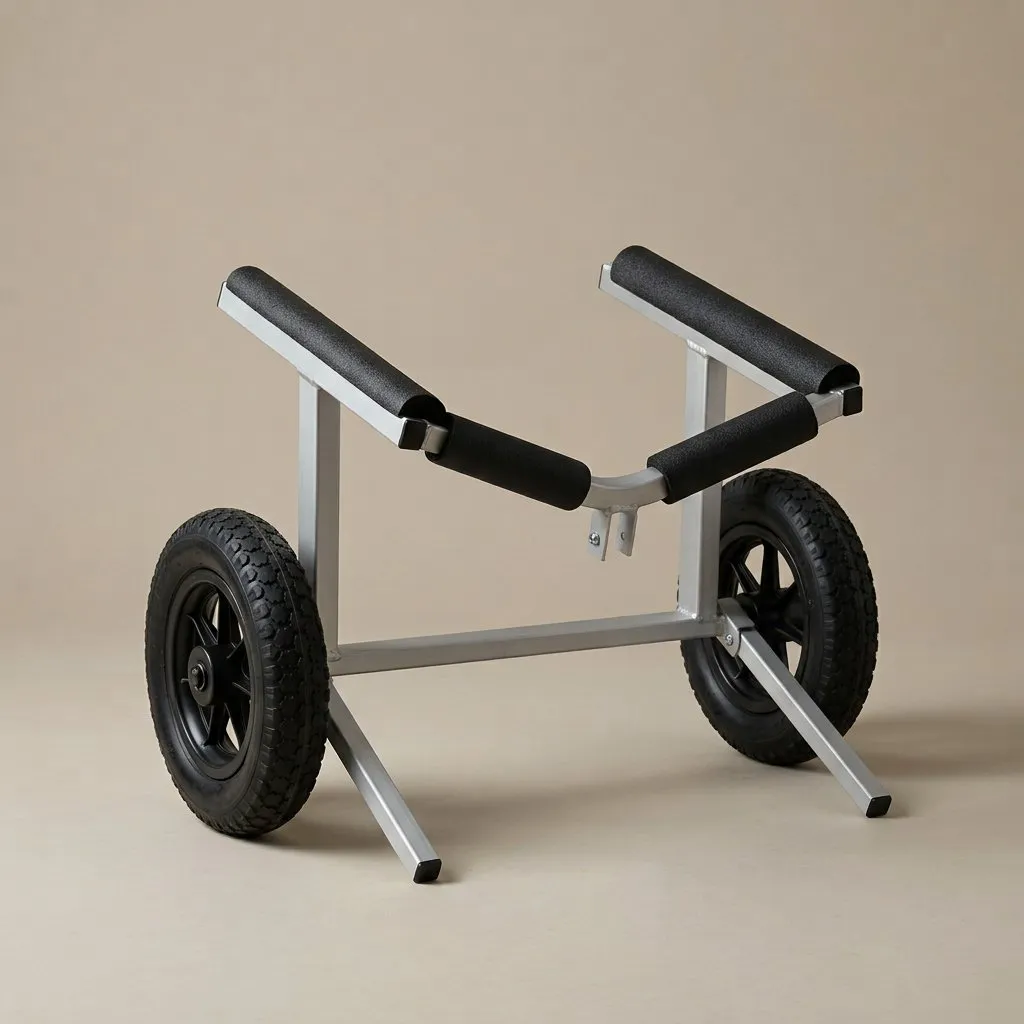 Aluminium kayak cart with two foam-padded bunk arms, folding legs and pneumatic tyres. Illustration, not a photograph of the product.