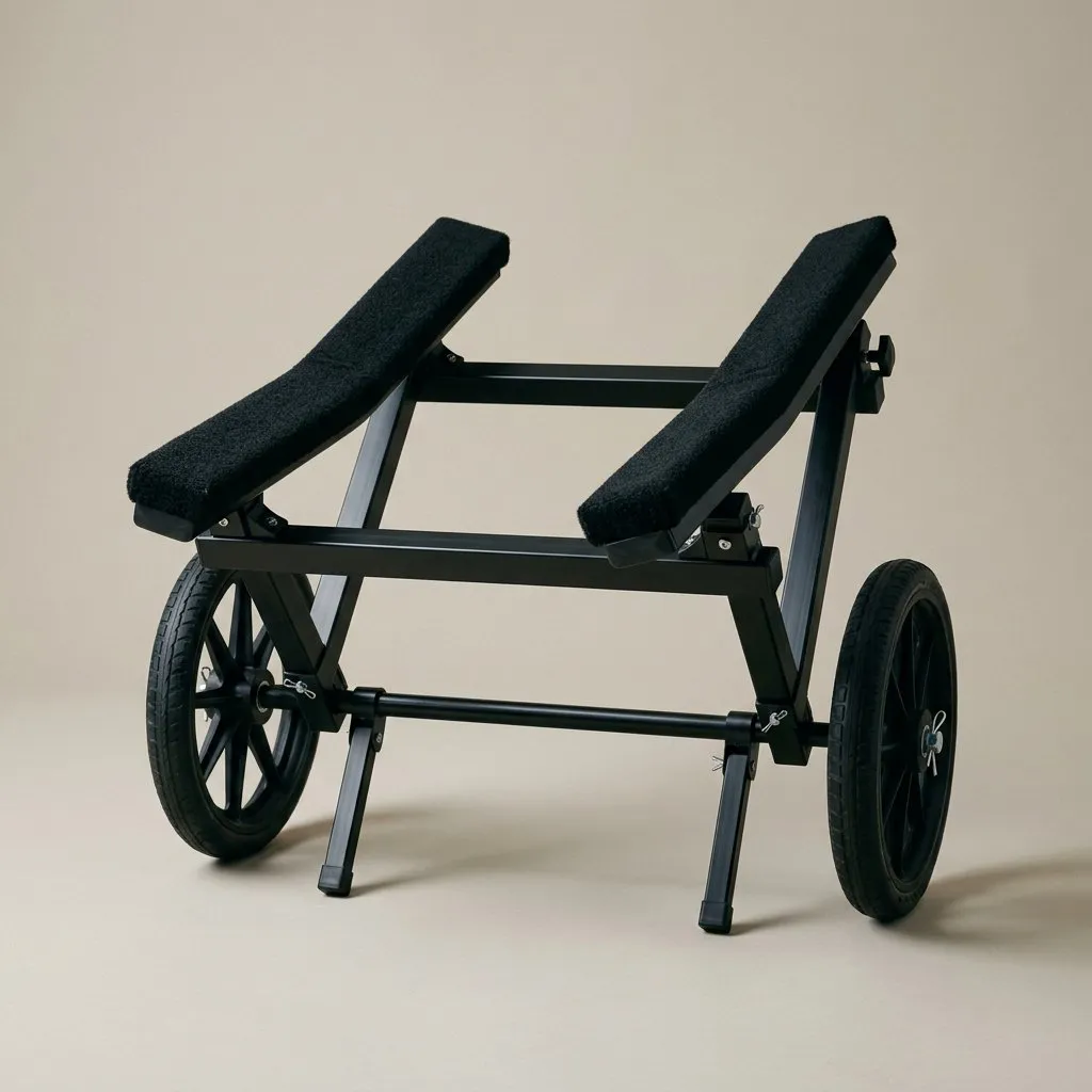 Black aluminium kayak cart with carpeted angled bunk boards, narrow-tread airless wheels and twin kickstands. Illustration, not a photograph of the product.