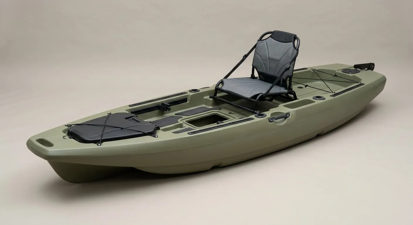 Wide olive sit-on-top pedal fishing kayak with an elevated seat, central drive well and gear tracks. Illustration, not a photograph of the product.