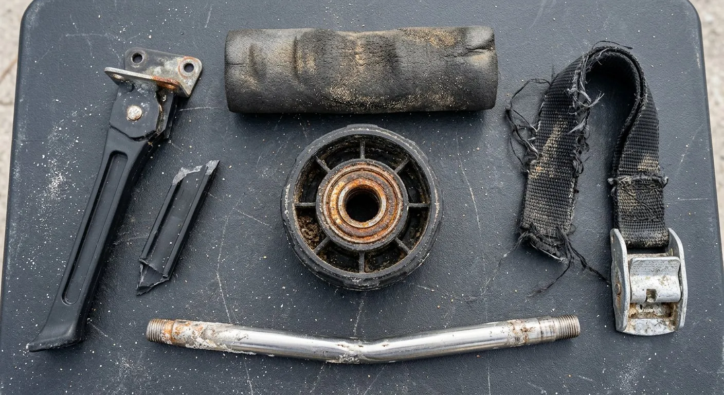 Flat lay on a dark workbench of worn kayak cart components: a corroded wheel bearing, a bent axle, a snapped plastic kickstand leg, a worn foam bunk pad and a frayed webbing strap with a scratched cam buckle.