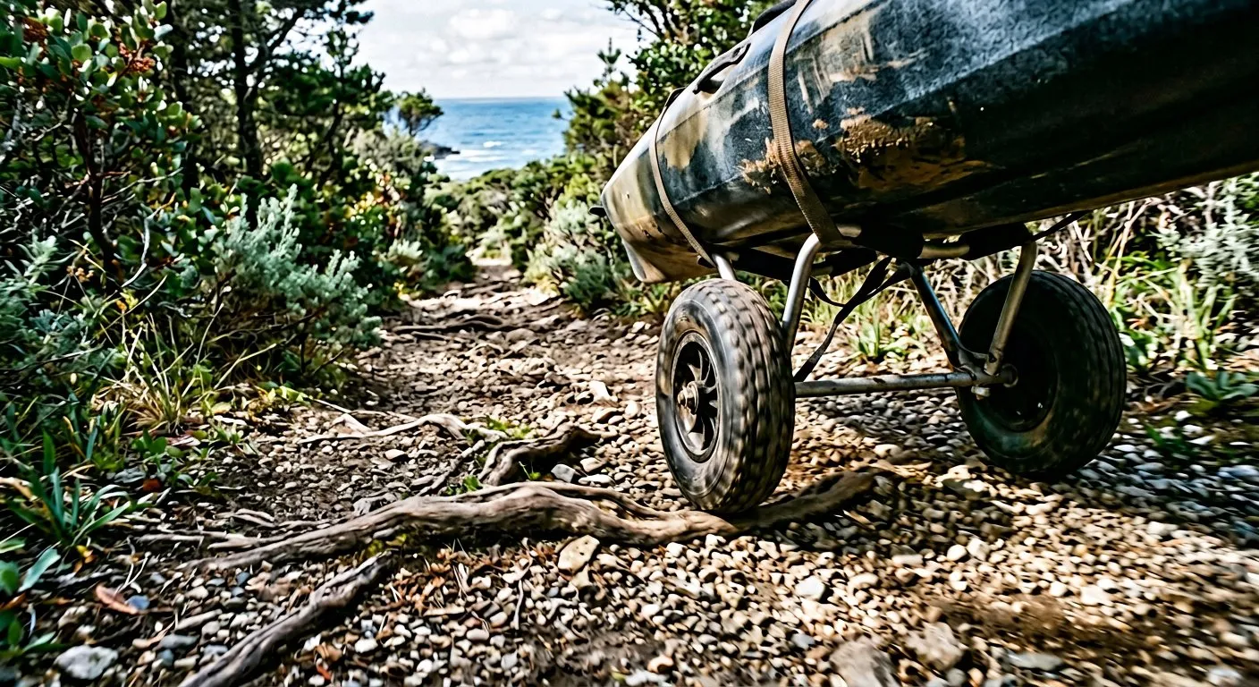 Low view along a rooty gravel trail leading down to the sea, with a loaded kayak on a two-wheeled cart rolling over exposed tree roots and loose stones.